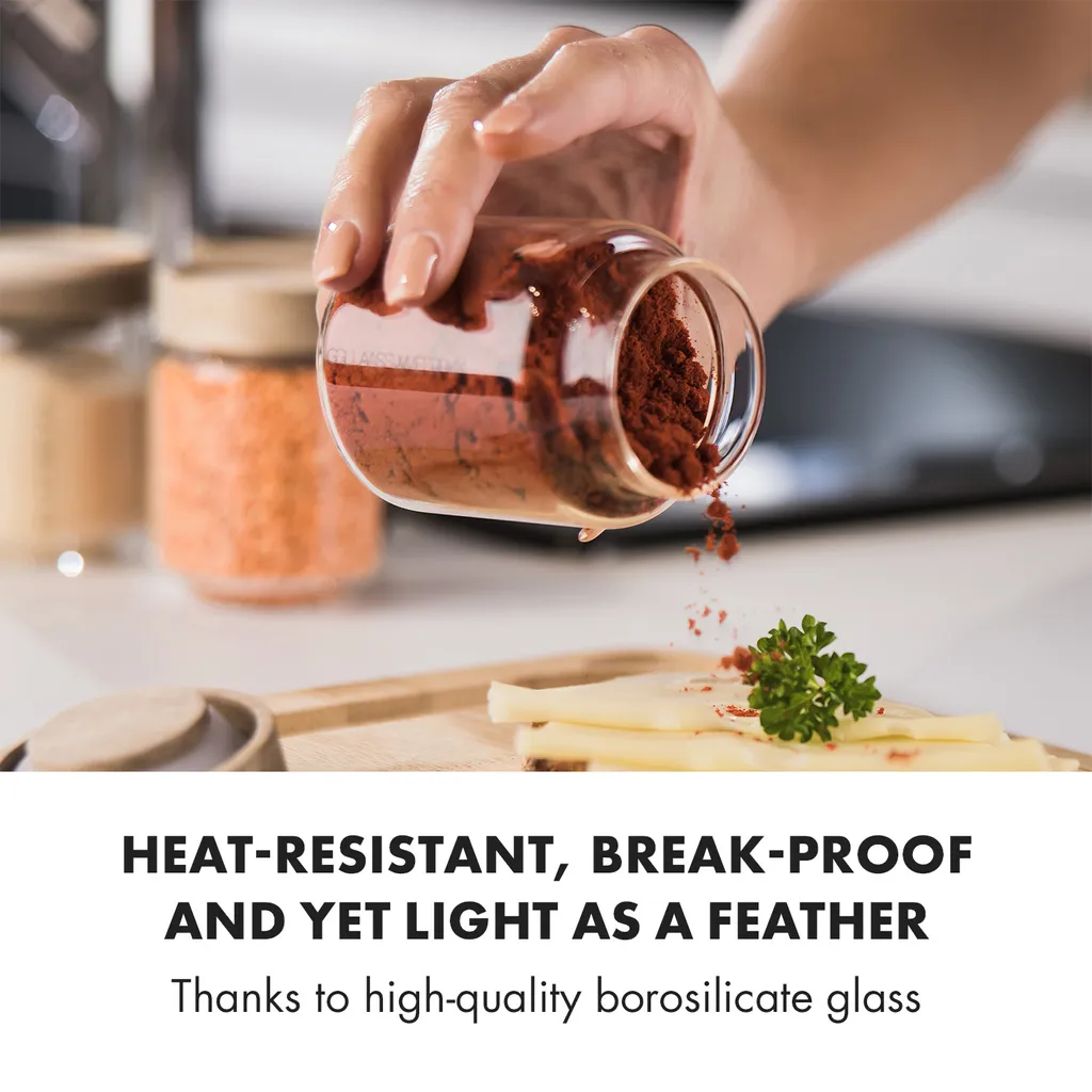 Klarstein Glaswerk Cassia Gewürzgläser Vorratsgläser Gewürzgläserset , 6 X 130 Ml , Borosilikatglas , Deckel Aus Akazienholz , Stapelbares Design , Luftdichte Aufbewahrung – Bild 4