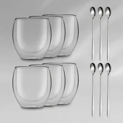 DUOS 6X 410ml Jumbo Doppelwandige Thermo-Gläser + 6X Edelstahl-LÖFFEL, Für Latte Macchiato, Cocktails, Vorspeisen By Feelino