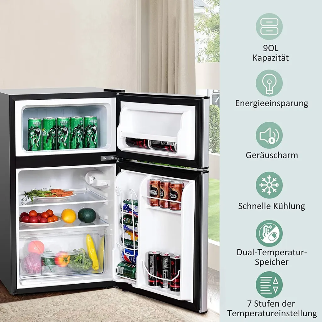 COSTWAY 90L Kühlschrank 64L Kühlteil 26 L Gefrierteil Kühl-Gefrier-Kombination Mit LED-Beleuchtung Mini Kühlschrank Grau – Bild 4