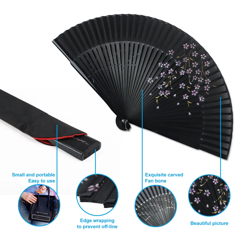 DeCio Service GmbH 2STK Handfächer Japanischer Faltfächer Klappfächer Vintage Stil Damen Herren Bambus Folding Fans Fächer Für Wanddekoration Hochzeit Geschenk Muttertag Party Kostüm - Schwarz – Bild 4