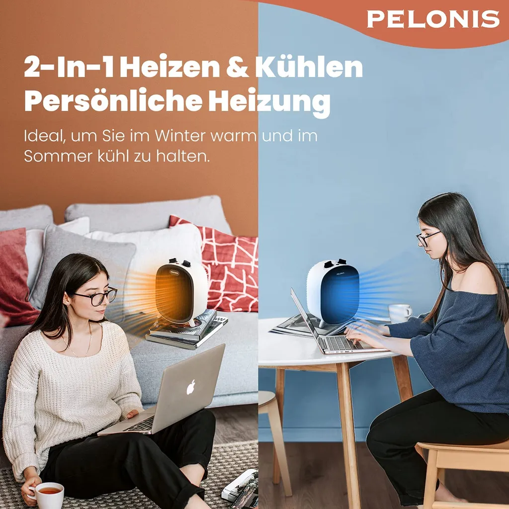 Pelonis ❤️ Heizlüfter, Energiesparend Klein 2000W Elektrische Heizung 2 Heizstufen & Gebläse-Modus, Kippschutz & Überhitzungsschutz Für Büro Wohnzimmer Schlafzimmer - Weiß – Bild 2
