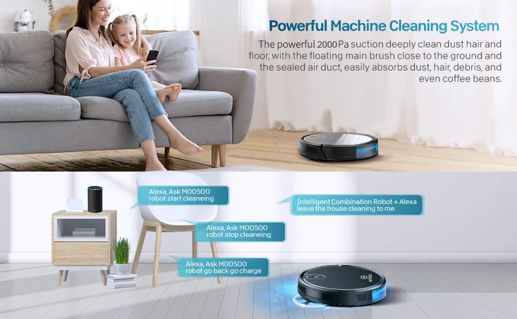 MooSoo Roboter-Staubsauger, 2000Pa Superdünner Intelligenter Selbstladender Roboter-Staubsauger Mit Sprachfunktion Alexa & Google Assistent – Bild 8
