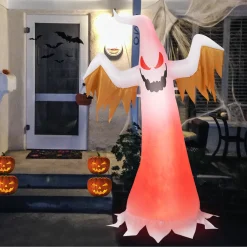 COSTWAY 180cm Aufblasbarer Geist Für Halloween, Selbstaufblasende Halloween-Dekoration Mit Roten LED-Lichtern, Schreckliche Dekogeis Für Hausgarten Rasen Garten Party
