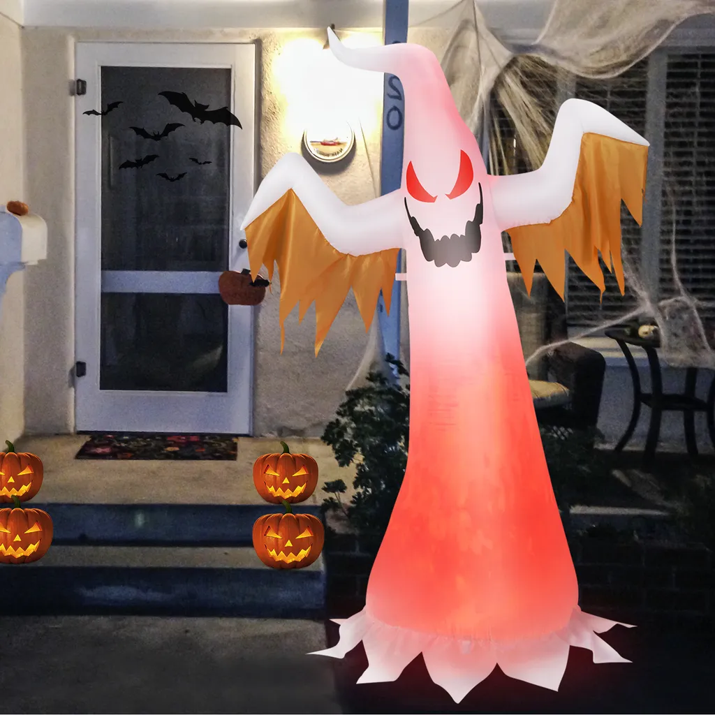 COSTWAY 180cm Aufblasbarer Geist Für Halloween, Selbstaufblasende Halloween-Dekoration Mit Roten LED-Lichtern, Schreckliche Dekogeis Für Hausgarten Rasen Garten Party