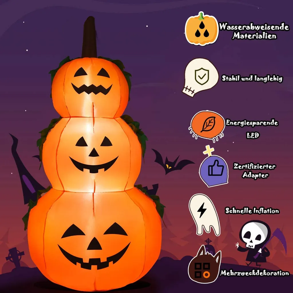 COSTWAY 180 Aufblasbarer Halloween Kürbis, 3 Stapel Kürbis Mit LED-Innenbeleuchtung, Halloween Kürbis Dekorationen Für Den Innen- Und Außenbereich – Bild 2