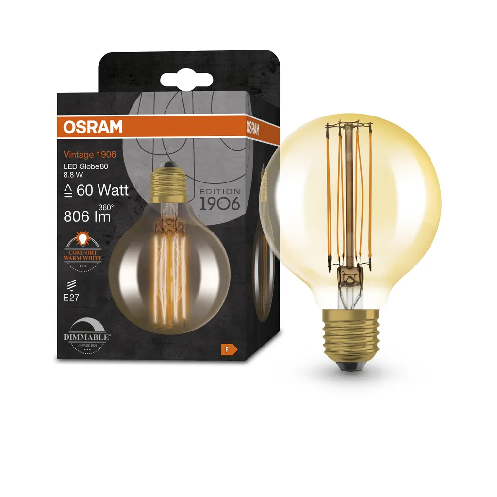 OSRAM Vintage 1906 LED-Lampe Mit Gold-Tönung, 8,8W, 806lm, Kugel-Form Mit 80mm Durchmesser & E27-Sockel, Warmweiße Lichtfarbe, Gerades Filament, Dimmbar, Bis Zu 15.000 Stunden Lebensdauer