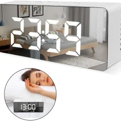 Jefety LED Spiegel Digitaler Wecker, Desktop USB Elektronisches Thermometer Am Bett Digitaler Wecker