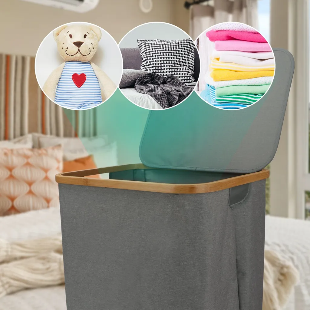 KAHOO Wäschekorb 73L Wäschesammler Aus Bambus + Leinen, 45x36x45cm, Faltbarer Sortier, Wäschebox Mit Deckel Und Griffen, Für Spielzeuge – Bild 5