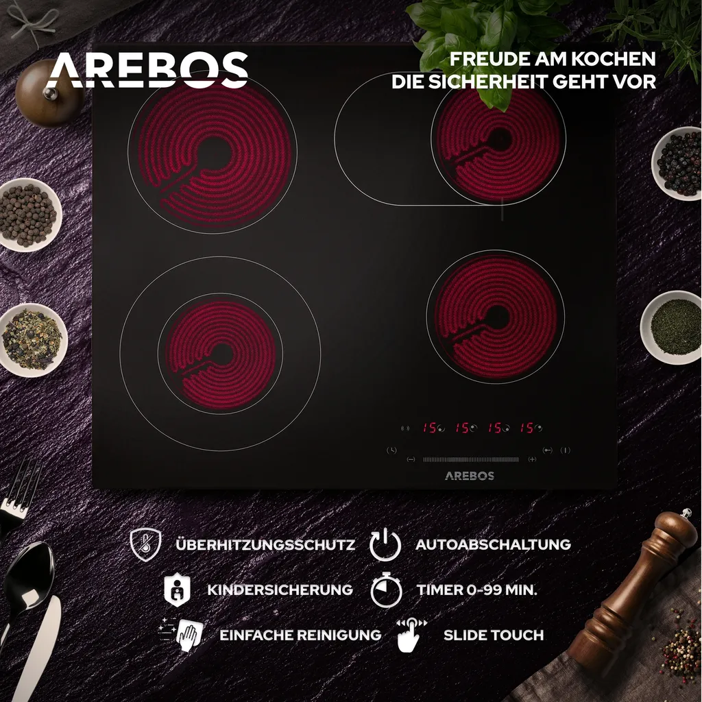 AREBOS Glaskeramikkochfeld, 7200 W, 4 Kochfelder, 59 Cm, Autark, Inkl. Dual-Kochzone Und Bräterzone, Mit Sensor Touch – Bild 7