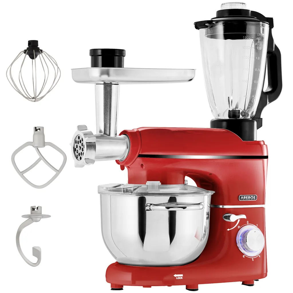 AREBOS 6-in-1 Küchenmaschine 1500W, Fleischwolf, Blender, Nudelmaschine, Knetmaschine Mit Edelstahl-Schüssel 5,5 L, Rot
