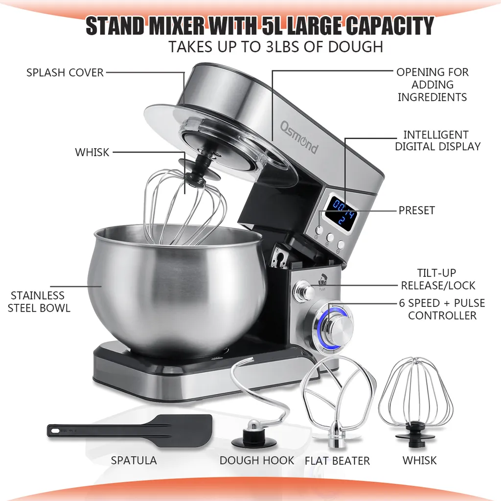 OSMOND 6Gang 5L Küchenmaschine Knetmaschine 1300W LCD StandMixer Edelstahl Rührschüssel Edelstahlschüssel Teigmaschin - Silber – Bild 8