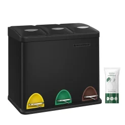 SONGMICS Mülleimer Für Die Küche, 3 X 8 Liter, Abfalleimer Aus Metall, 3-in-1 Treteimer, Mülltrennung, Mülltrennsystem, 15 Müllbeutel, Einfach Zu Reinigen, Stahl, Schwarz LTB24BK