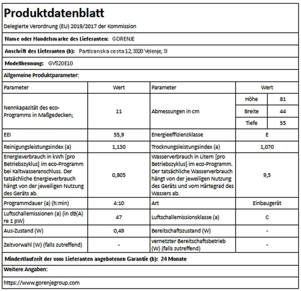 Gorenje GV 520 E 10 EB, Voll Integriert, Slimline (45 Cm), Schwarz, 11 Maßgedecke, 47 DB, Eco 45 ºC, Intensive 60 ºC, Schnell, Spülen, Standard 60 °C – Bild 6