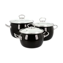 AGD Olkusz TOPFSET INDUKTION X3 Töpfe Mit Deckeln Kochtopfset Schwarz EMAILLE