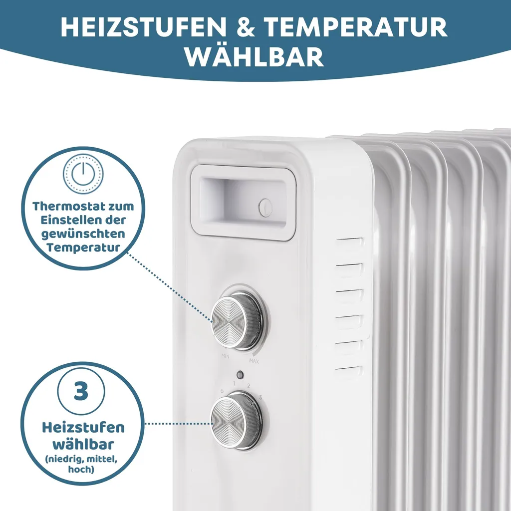 Albatros International STAHLMANN Ölradiator ZR201 Weiss – Elektroheizung Energiesparend Bis 50 Qm Fläche – Heizung Elektrisch Mit Thermostat Und 3 Heizstufen – Elektrisches Heizgerät, Electric Heater, Watt:2000W – Bild 3