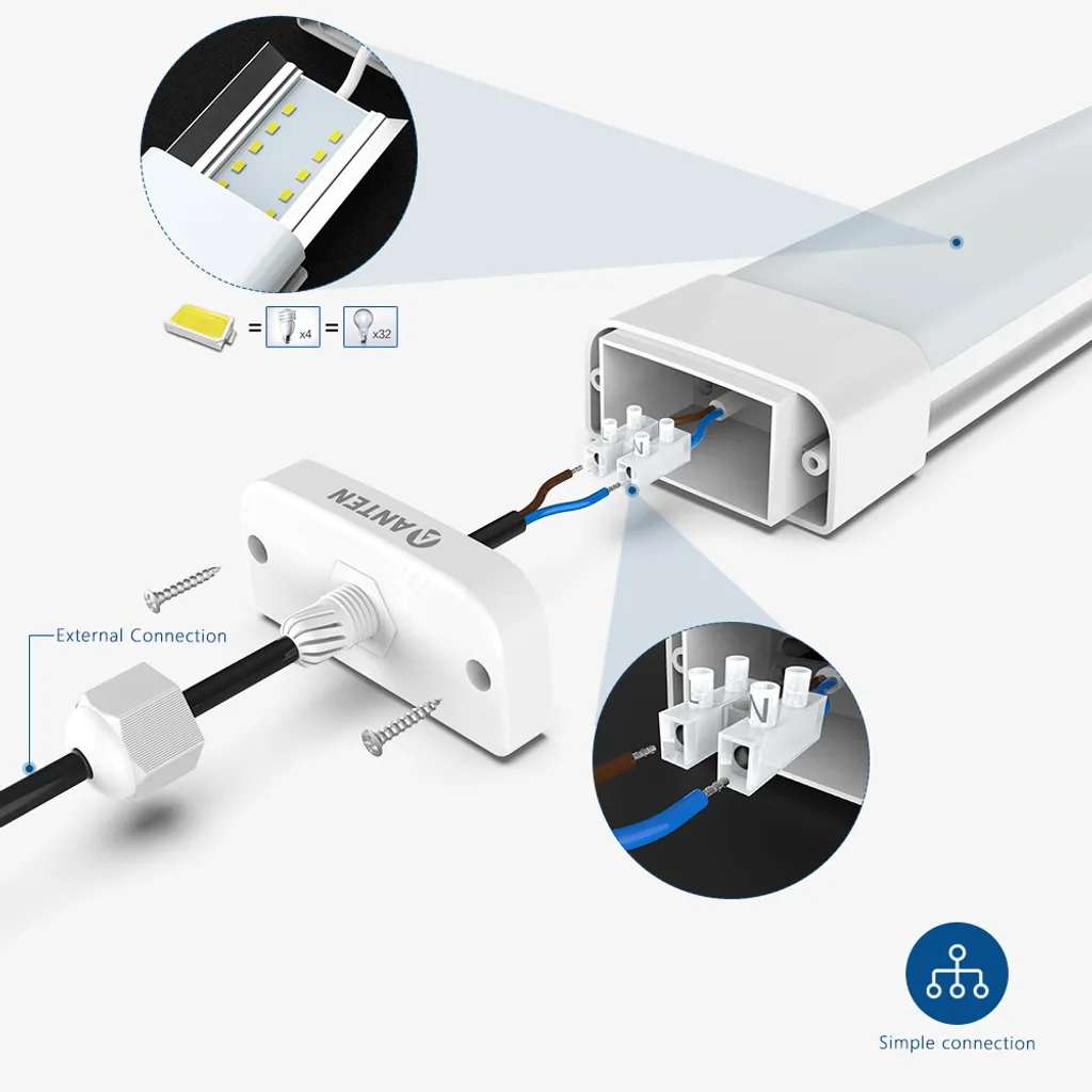 Anten LED Feuchtraumleuchte, 120CM 36W Wannenleuchte 4000k Neutralweiß, 3300Lumen Deckenleucht Wasserfest IP65 – Bild 6