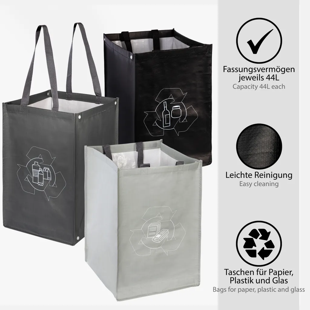ONVAYA® Mülltrennsystem 3fach | Abfalltrennsystem Aus Taschen | Einzelne Taschen Für Papier, Plastik Und Glas Jeweils 44L | Einfach Zu Tragen Und Abzuwischen | Mülltrennsystem Für Die Küche – Bild 3