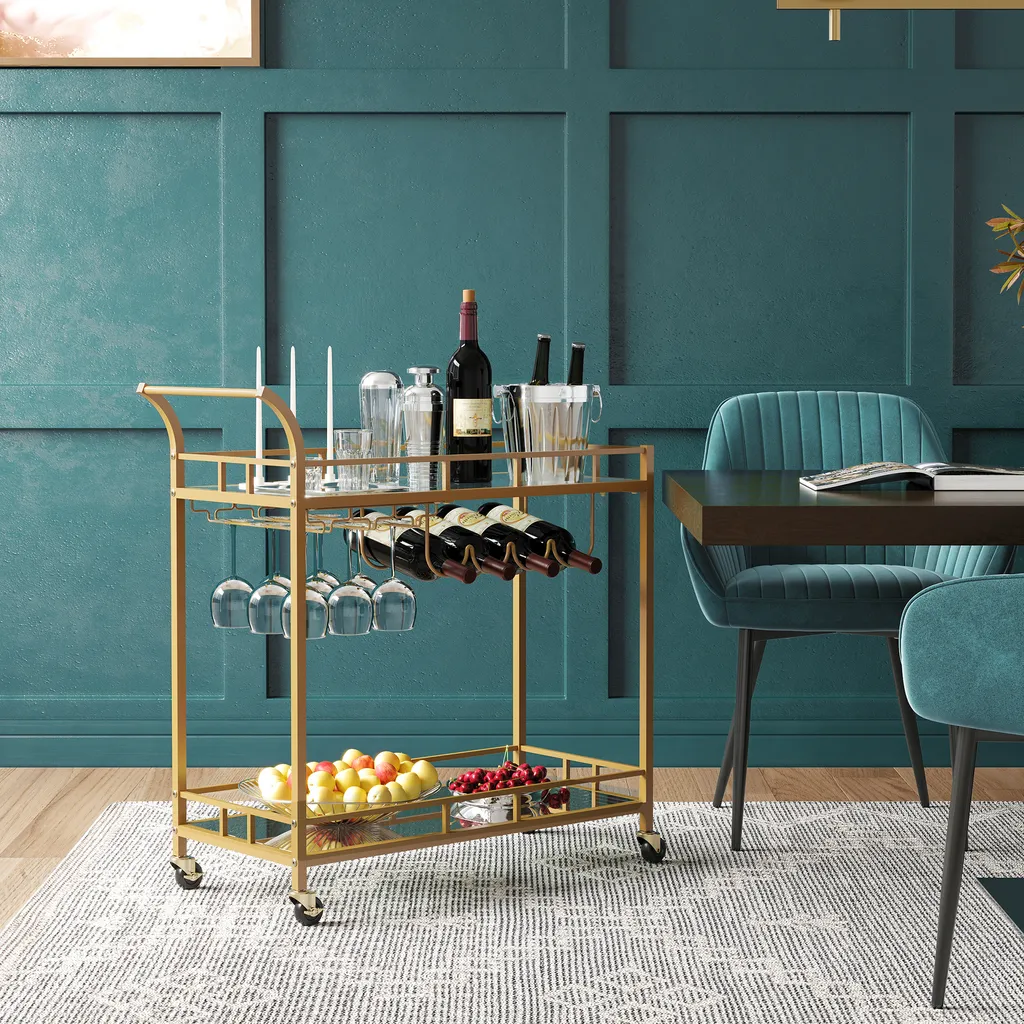 VASAGLE Servierwagen, Rollwagen, Gläserhalter, 2 Verspiegelte Glasablagen, Barwagen, Weinwagen, Für Küche, Esszimmer, Bar, Goldfarben – Bild 2