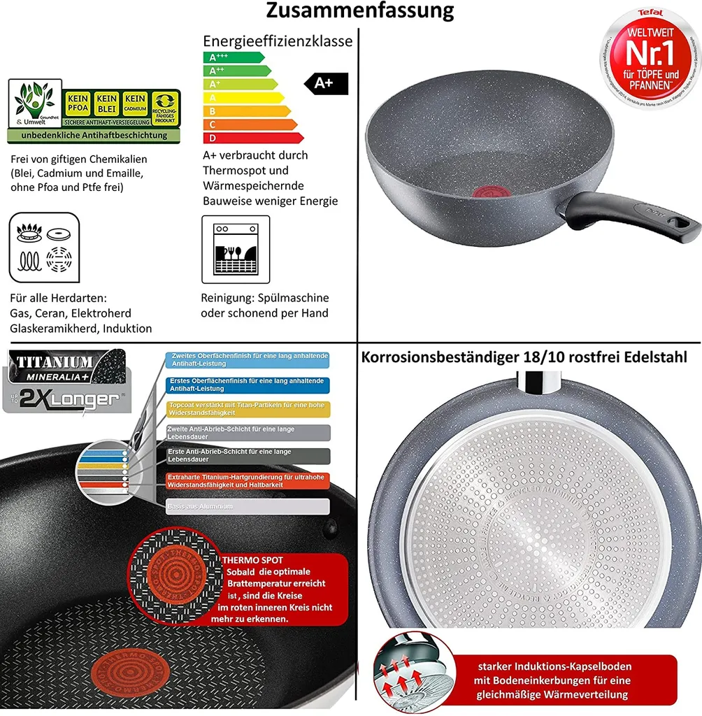 Tefal G13409 Healthy Wokpfanne Induktion 28cm -3 Tlg, Edelstahl Wok Bratpfanne Antihaft-beschichtet, Spülmaschinenfest, Rutschfester Griff, Für Alle Herdarten – Bild 3