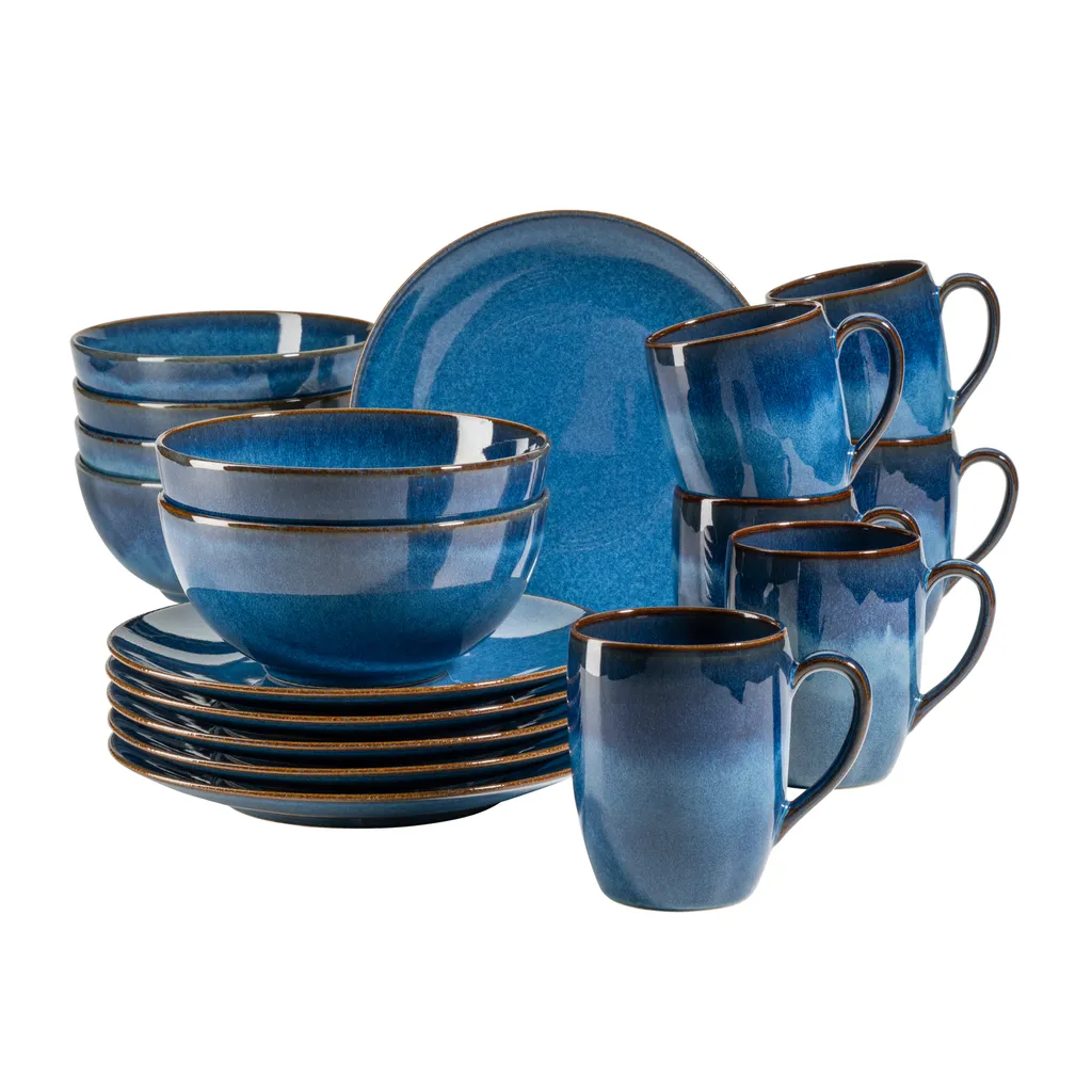Maeser Mäser 931945 Frühstücksset Ossia Für 6 Personen, Steinzeug, Blau (1 Set, 18-teilig)