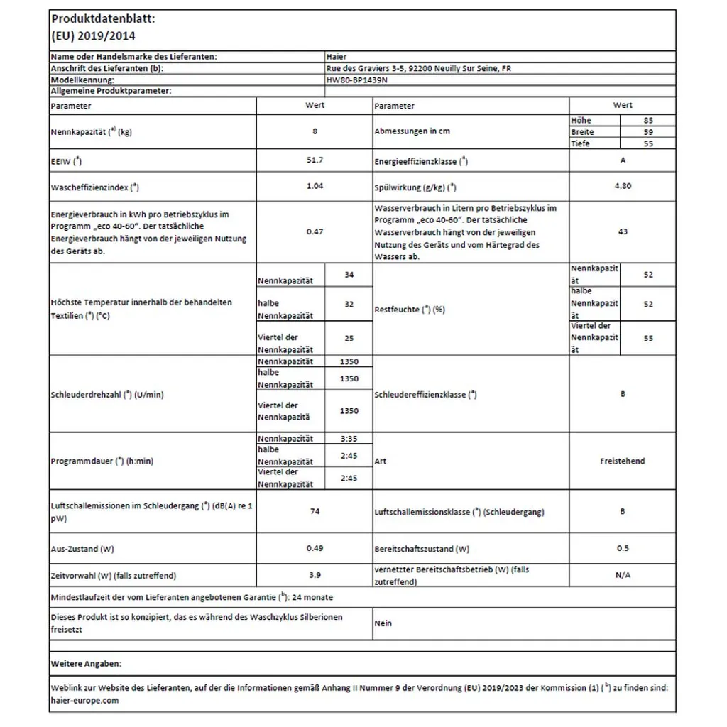 Haier HW80-BP14636N Waschmaschine 8 Kg Inverter Motor Vollwasserschutz – Bild 11