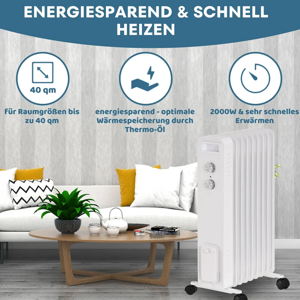 Albatros International STAHLMANN Ölradiator ZR201 Weiss – Elektroheizung Energiesparend Bis 50 Qm Fläche – Heizung Elektrisch Mit Thermostat Und 3 Heizstufen – Elektrisches Heizgerät, Electric Heater, Watt:2000W – Bild 2