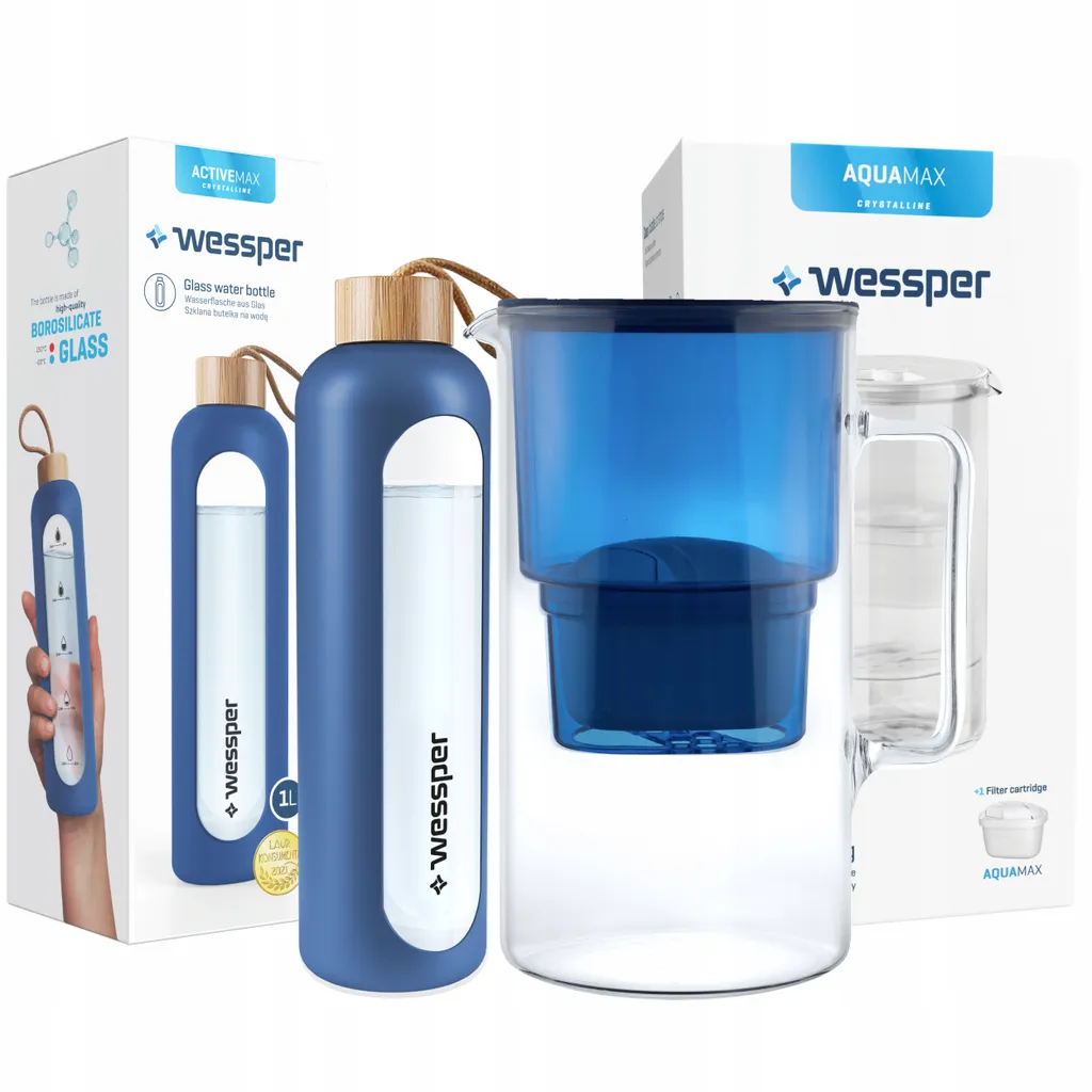 Wessper Set: AquaMax Crystalline 2.5L Glaskrug Mit Filter + ActiveMax Crystalline 1L Glas-Incentiveflasche Mit Silikonhülle Blau
