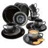 MamboCat 18tlg. Kaffeeservice Reactive Glaze Grey Black Steingut Teller Tasse Schwarz