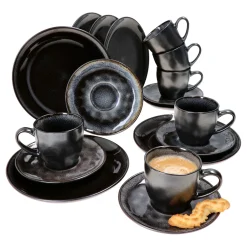 MamboCat 18tlg. Kaffeeservice Reactive Glaze Grey Black Steingut Teller Tasse Schwarz