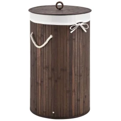 Juskys Bambus Wäschekorb Curly-Round – 55 Liter Volumen – Wäschesammler Mit Deckel, Tragegriffen & Stoff Wäschesack – 1 Fach Wäschebox – In Braun