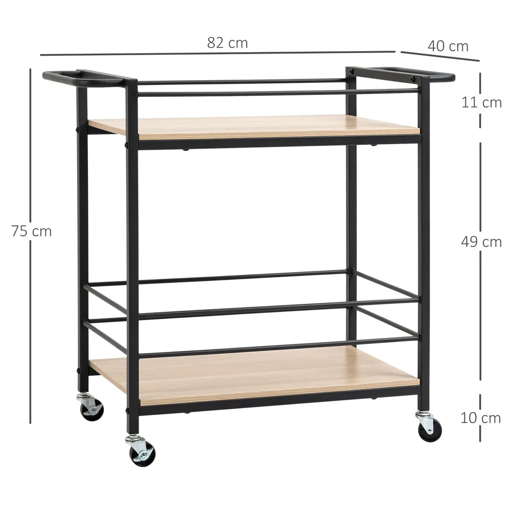 HOMCOM Küchenwagen Servierwagen Aufbewahrungswagen Beistellwagen Mit 2 Ebenen Und Griff Rollenwagen Für Küche Esszimmer Belastbarkeit 60 Kg Spanplatte 82 X 40 X 75 Cm – Bild 3