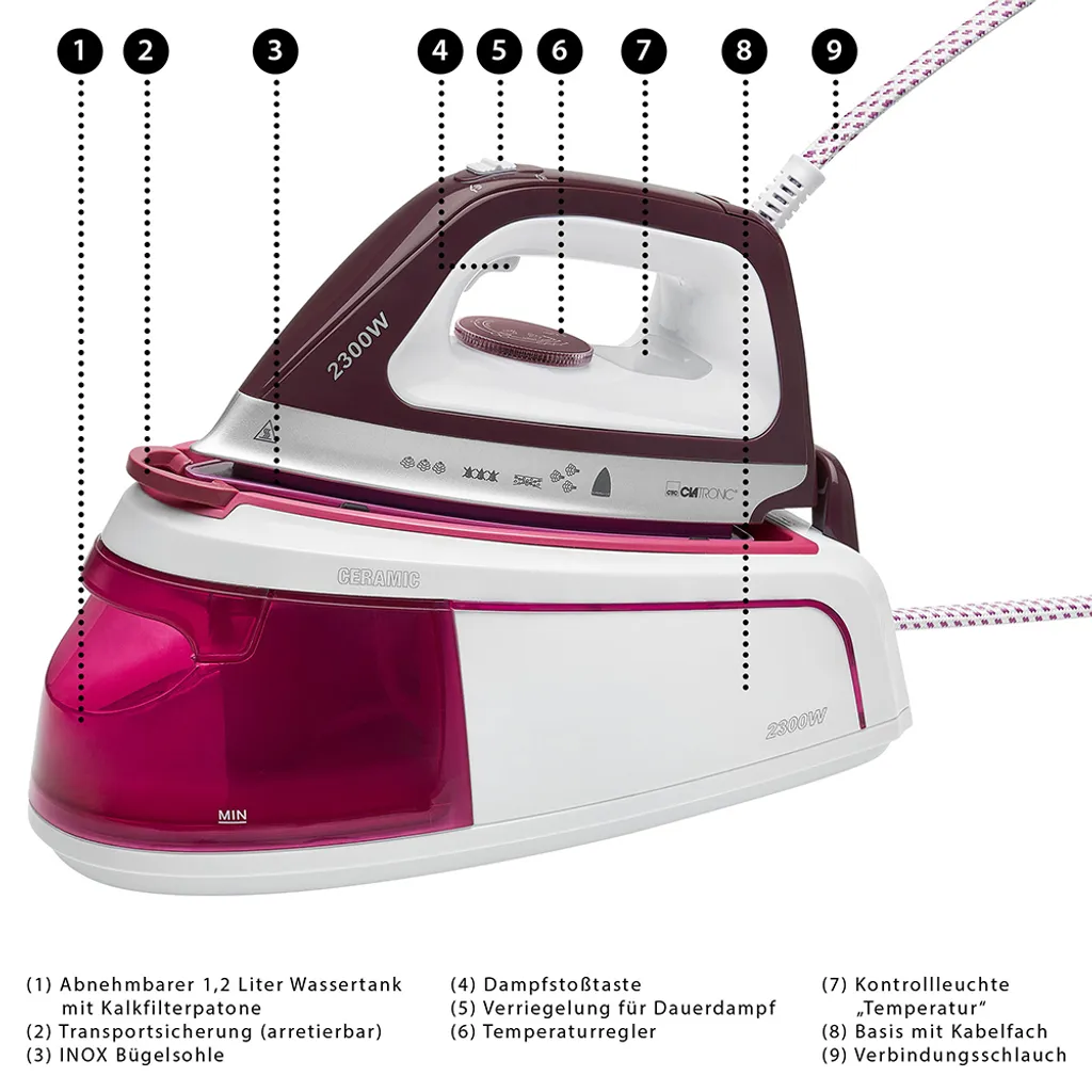CLATRONIC Dampfbügelstation Bügeleisen Dampfstation Keramiksohle 2300 W, DBS 3749 – Bild 8