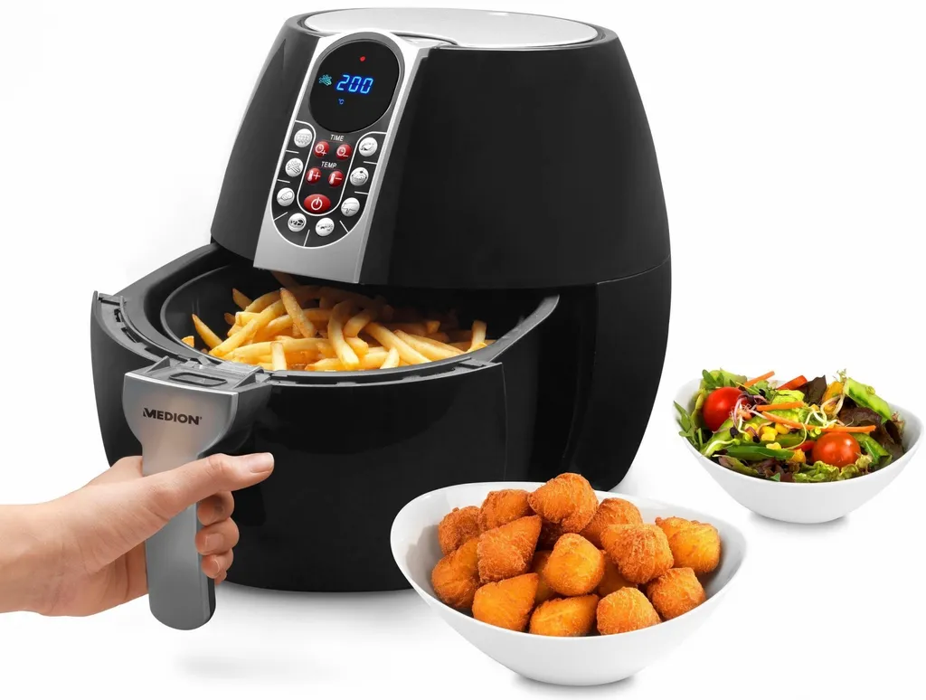 MEDION Heißluftfritteuse, Ca. 1500 Watt, Digitales Bedienfeld, Nutzinhalt Gesamt 4 Liter, Ölfreies Frittieren, 30 Min Timer, Überhitzungsschutz, MD17320 Schwarz – Bild 9