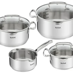 TEFAL DUETTO+ 7-Teiliges Topf-Set: Stielkasserole 16 Cm, Kochtopf 16/20/24 + Deckel; Hochwertiger Rostfreier Edelstahl; Glasdeckel Mit Abgießfunktion; Induktionsgeeignet; G719S7