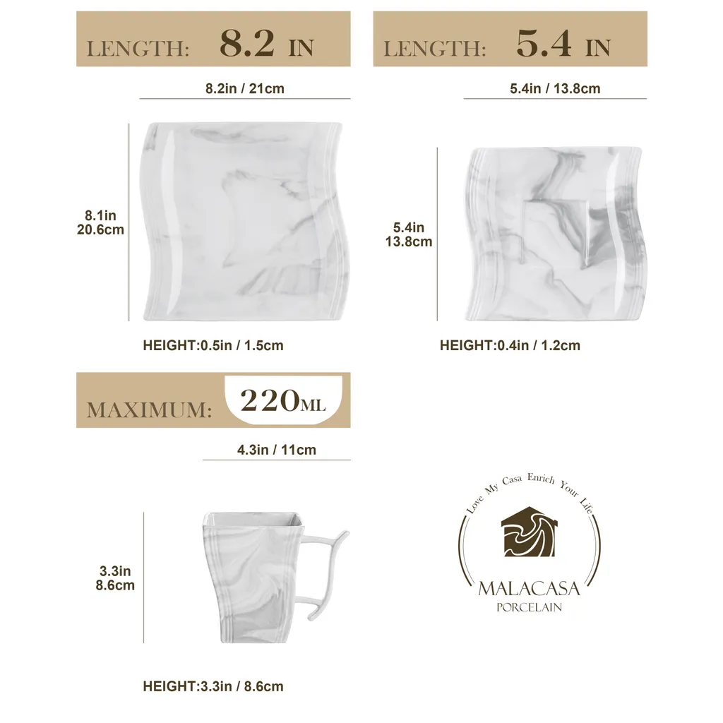 MALACASA, Serie Flora, 36 Tlg. Marmor Porzellan Kaffeeservice Geschirrset Mit 12 Kuchenteller, 12 Tasse 220ml, 12 Untertasse Für 12 Personen – Bild 2