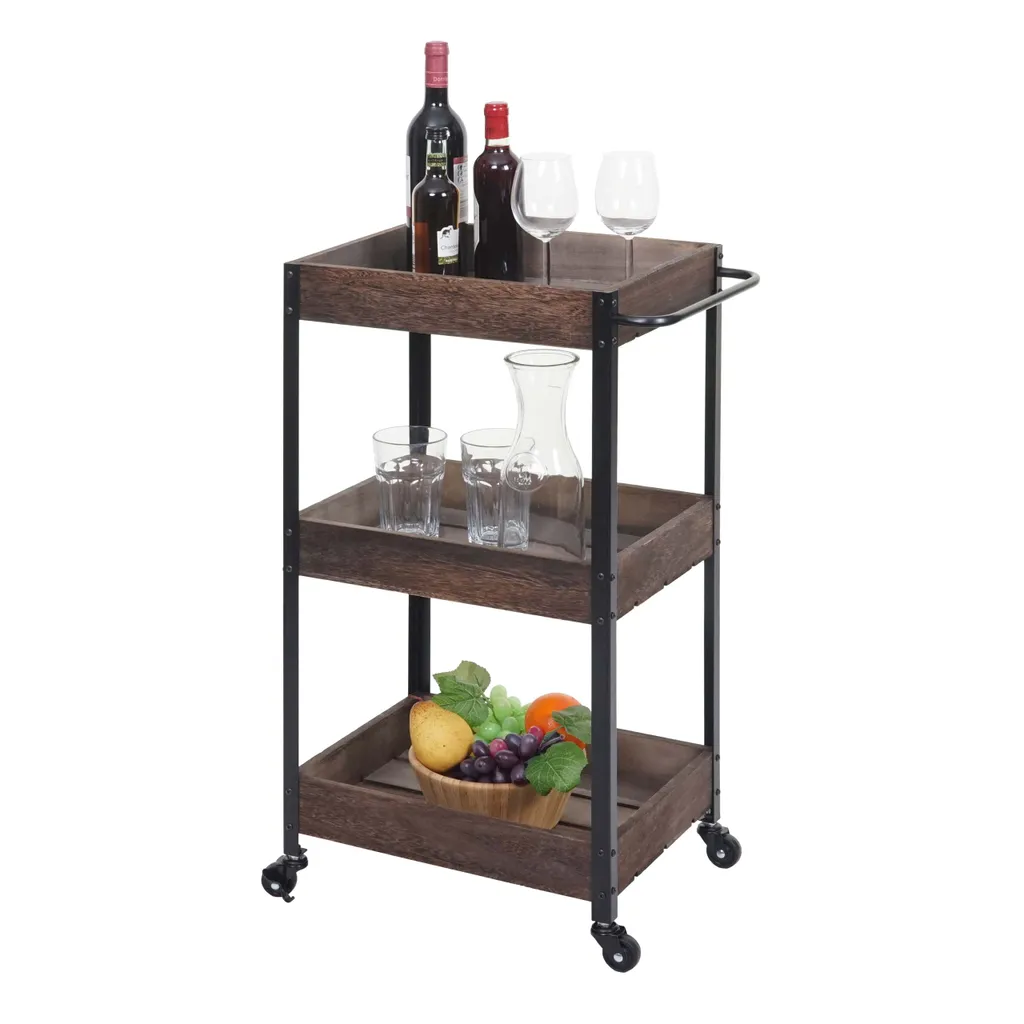 Mendler Servierwagen HWC-H22, Küchenwagen Barwagen Teewagen Beistellwagen Rollwagen, Massiv-Holz Shabby Braun