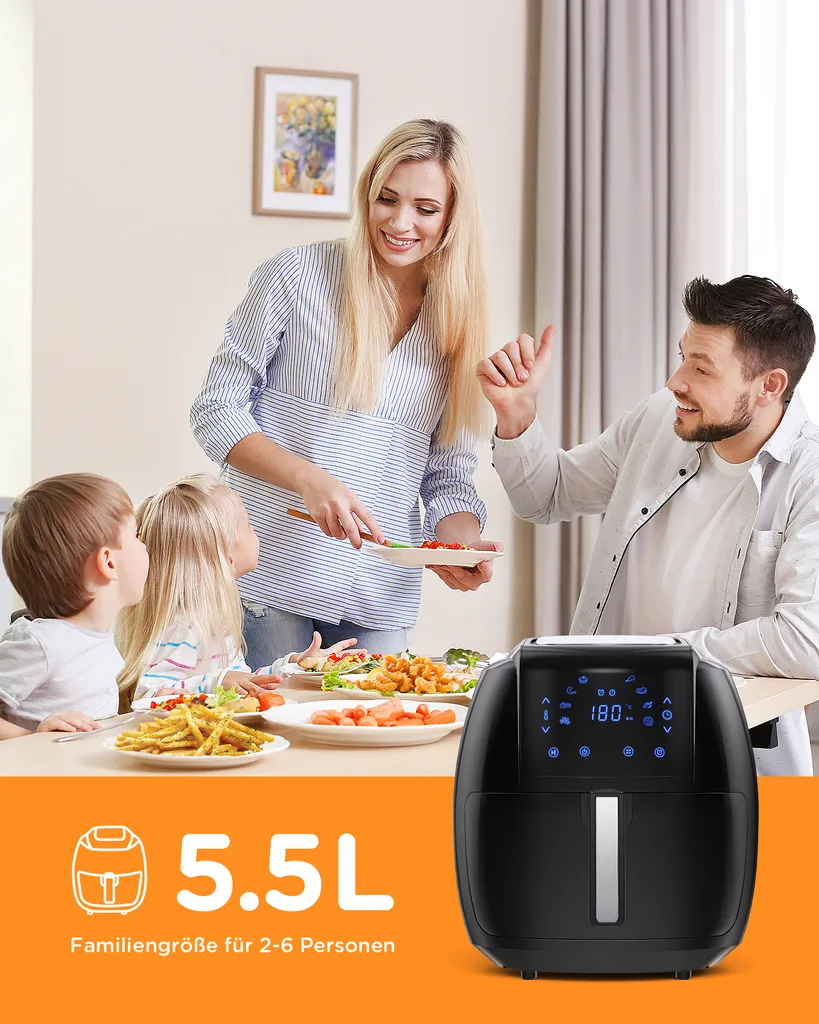 Tomons Heißluftfritteuse XXL 5,5 L Elektrofritteuse, 1800W, Airfryer Ohne Fett Und Öl, Friteuse Heißluft Mit 8 Voreinstellungen, Alarmtimer, Digitales Touch-Display, Frittierkorb Und Rezeptheft – Bild 7