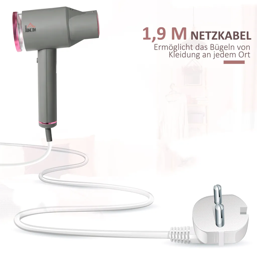 HOMCOM Dampfglätter Dampfbürste Faltbar Kleidung Hemden Dampfbügeleisen Mit 160 Ml Wassertank 1520 W Schnelles Aufheizen Aluminium Kunststoff Grau+Rosa 27,5 X 18,2 X 9 Cm – Bild 6