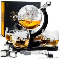 AWEMOZ Whisiskey - Whisky Karaffe - Geschenke Für Männer - Komplette Whiskey Set - Globus - 900ML – Inkl. 4 Whisky Steine, 4 Whisky Gläser & Ausgießer - Whisky Dekanter – Whiskygläser - Natursteine