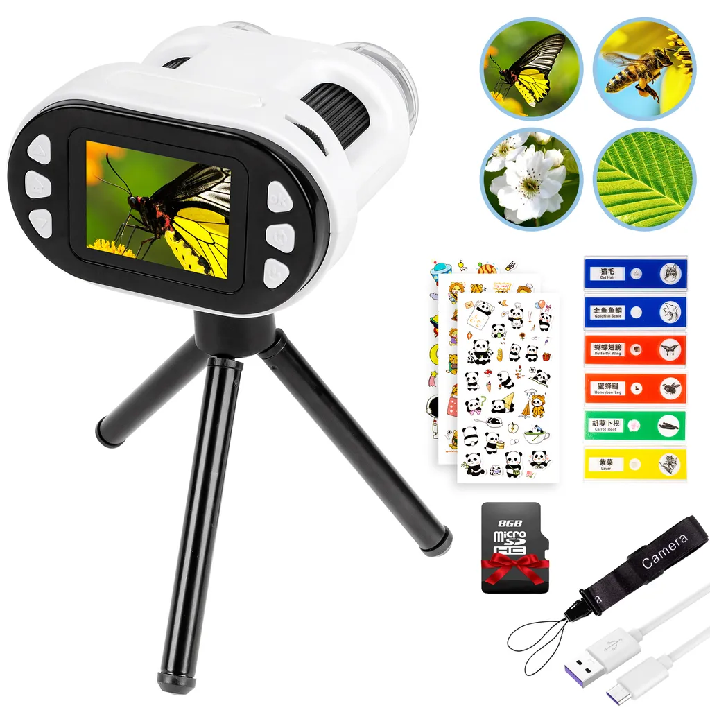 AnseeDirect Mikroskop Kinder Mit Teleskop, Fernglas Kinder Kamera 1080P 8X Digitaler Zoom 2" LCD Bildschirm Kompatibel Windows Mac PC Digital Mikroskop Science Kit Für Anfänger Kinder 6 8 10 Jahre (Weiß)