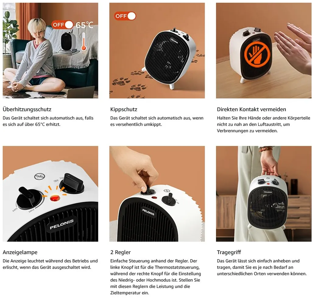 Pelonis ❤️ Heizlüfter, Energiesparend Klein 2000W Elektrische Heizung 2 Heizstufen & Gebläse-Modus, Kippschutz & Überhitzungsschutz Für Büro Wohnzimmer Schlafzimmer - Weiß – Bild 11