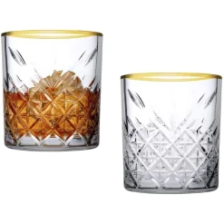 Pasabahce 96818 Timeless Golden Touch 3 Teilig Im Kristall-Design Retro Design - 2 Whisky Glas Und 1 Kristall-Schale
