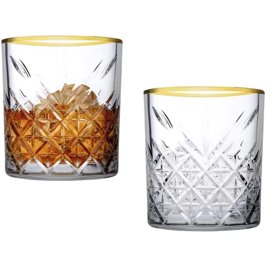 Pasabahce 96818 Timeless Golden Touch 3 Teilig Im Kristall-Design Retro Design - 2 Whisky Glas Und 1 Kristall-Schale