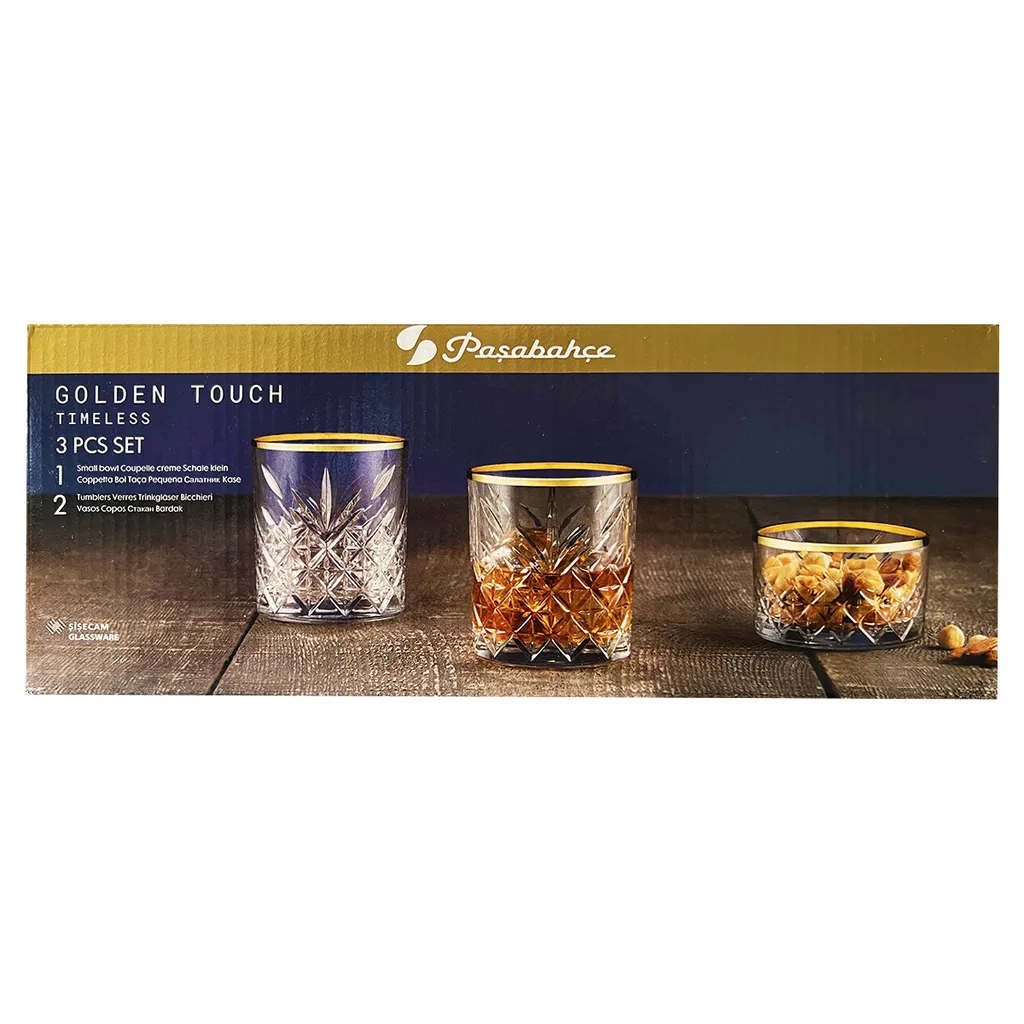 Pasabahce 96818 Timeless Golden Touch 3 Teilig Im Kristall-Design Retro Design - 2 Whisky Glas Und 1 Kristall-Schale – Bild 10