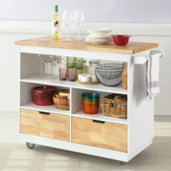 SoBuy FKW107-WN Design Küchenwagen Mit Arbeitsplatte Kücheninsel Küchenschrank Rollwagen Sideboard Auf Rollen Weiß-Natur BHT Ca.: 110x91x55cm