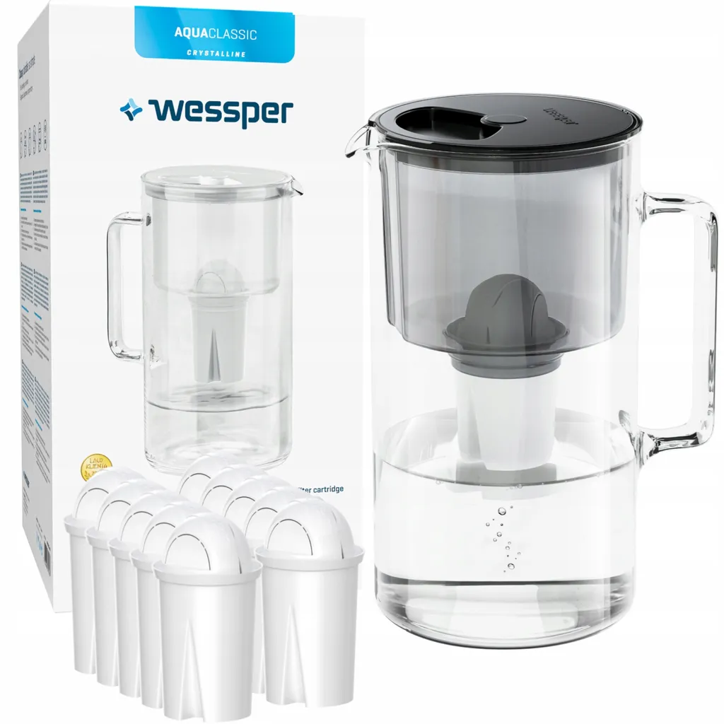 Wessper AquaClassic Set Besteht Aus: Kristalline 2,5l Glaskanne In Schwarz Und 10x Filterpatronen