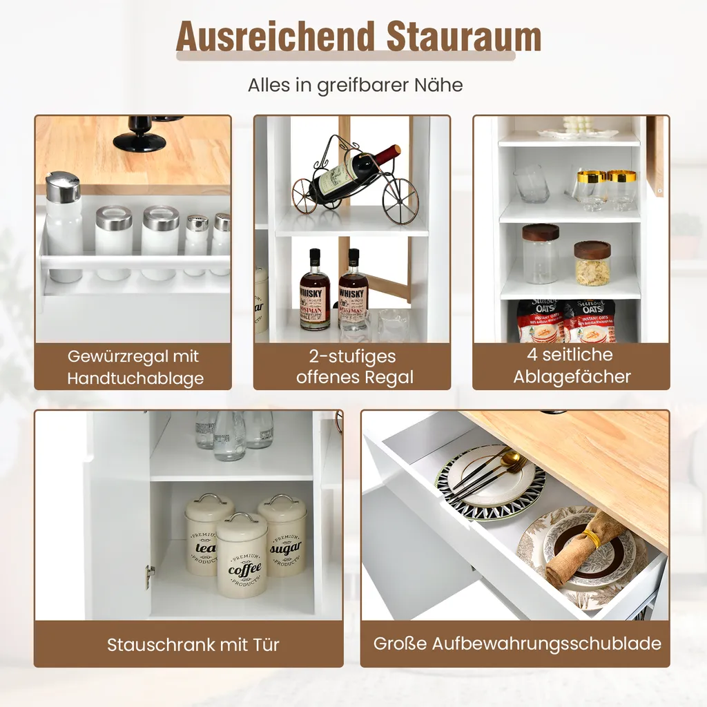 COSTWAY Küchenwagen Mit Ausziehbarer Arbeitsfläche, Servierwagen Auf Rollen, Kücheninselwagen Holz, Küchenschrank Mit Ablagen & Schublade & Gewürzregal, Küchentrolley Für Küche Esszimmer (Weiß) – Bild 3