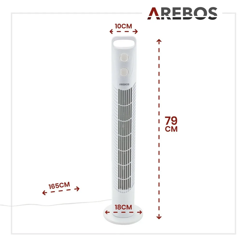 AREBOS Turmventilator Mit Timer, 40 Watt, 75°-Oszillation, Ventilator Mit 3 Geschwindigkeitsstufen, , Weiß – Bild 8