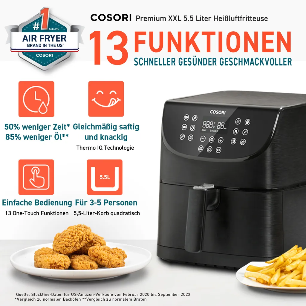 Cosori Premium 5,5-Liter Heißluftfritteuse Mit Spießgestell, Schwarz – Bild 7