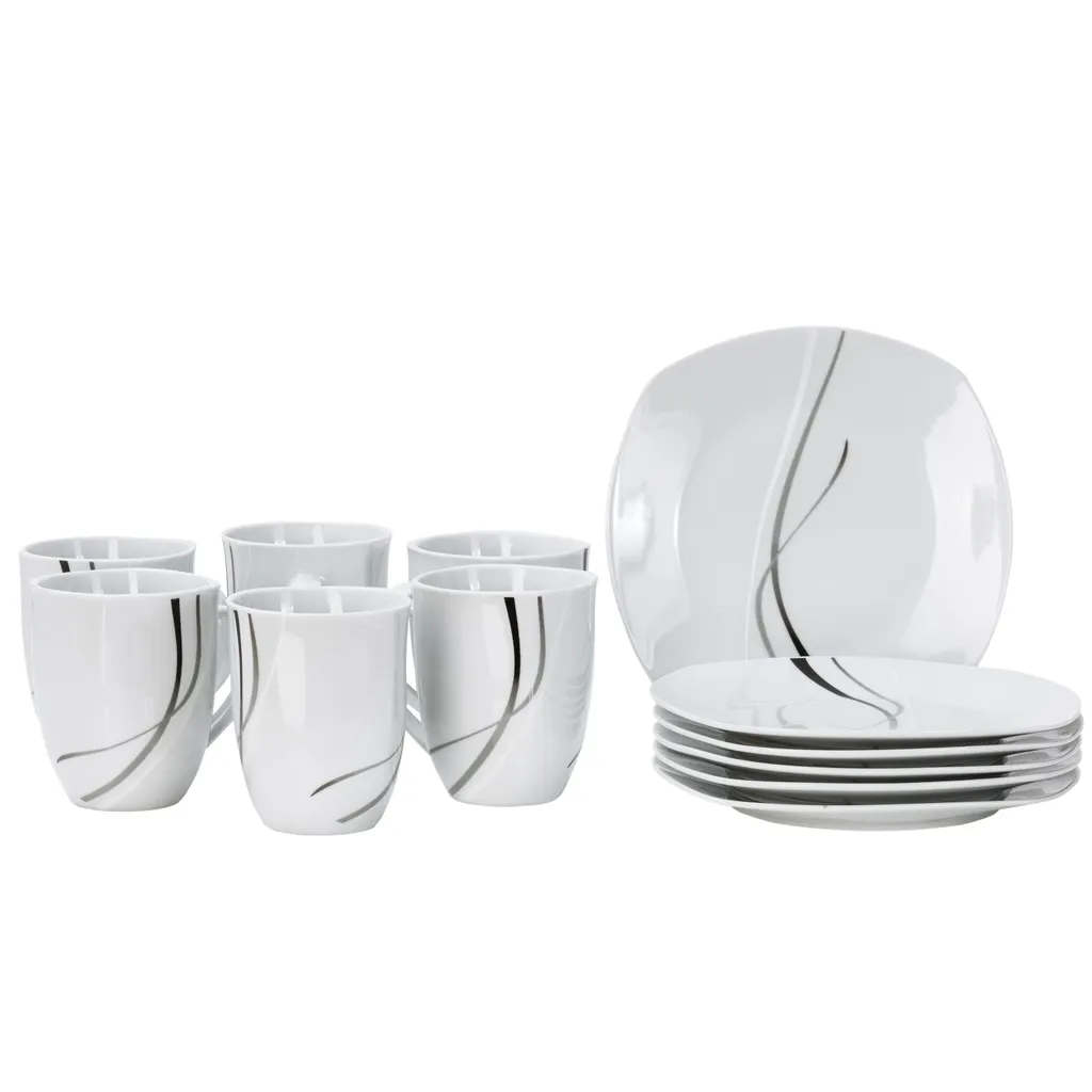 Van-Well Van Well Frühstücksservice Silver Night, 12tlg 6 Personen, 6 Kaffeebecher + 6 Teller, Linien-Dekor – Bild 2